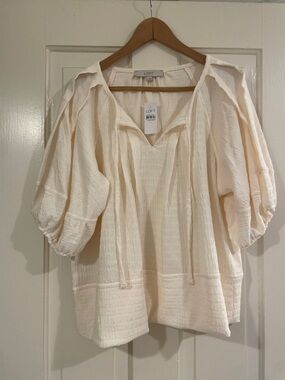 LOFT Cream Textured V-Neck Tie Peasant Blouse